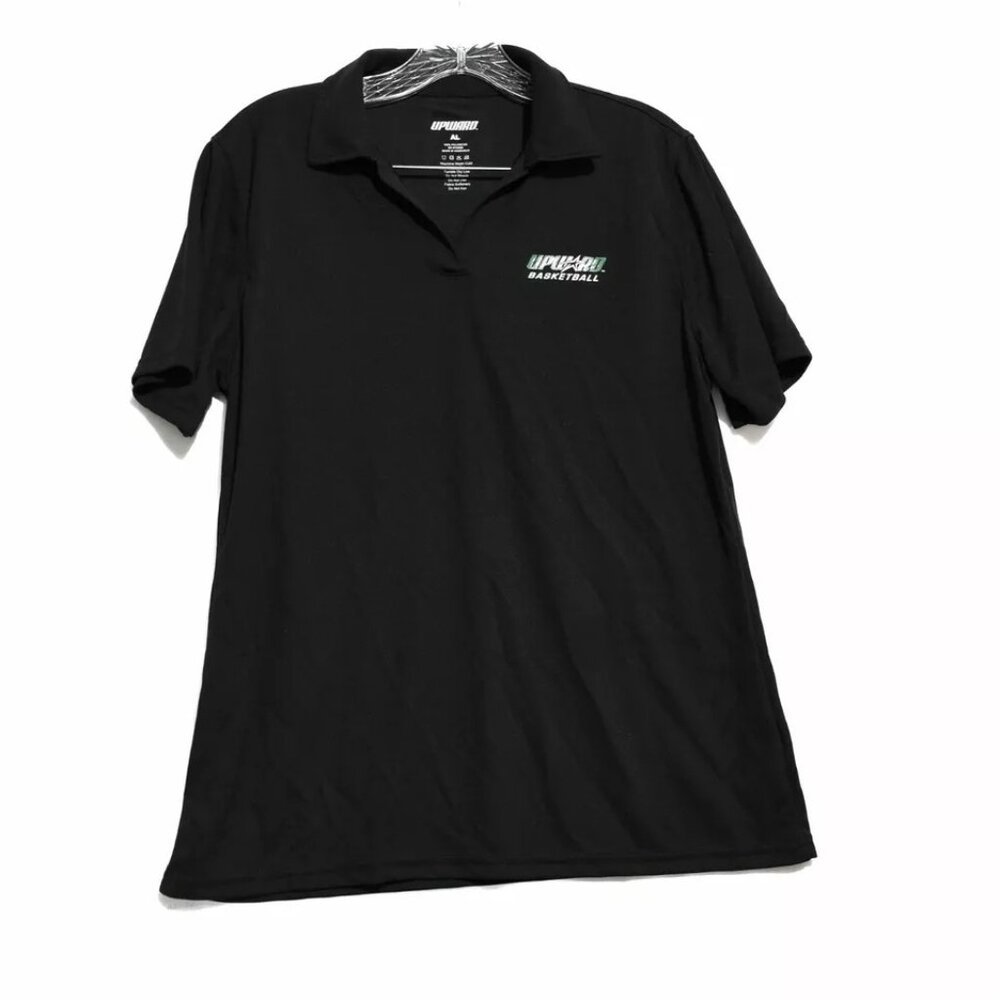 Upward Mens Black Polo Shirt Golf Logo Athletic Collared Pullover Short Sleeve L